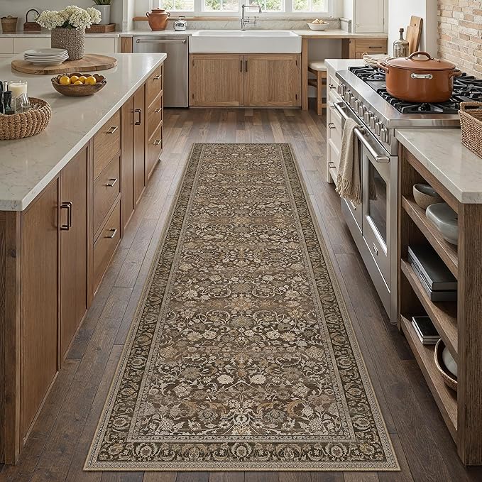Brown Runner Rug 2x8 Washable Vintage Floral Long Carpet for Hallway Soft Low Pile Non Slip Indoor Accent Rug Retro Distressed Throw Rug for Bathroom Bedroom Laundry Dining Room