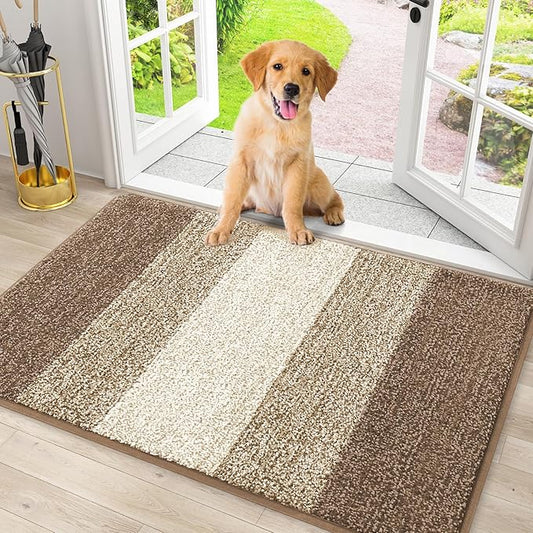 Smiry Dog Door Mat for Muddy Paws, Absorbs Moisture and Dirt, Low-Profile Entryway Mat with Non-Slip Backing, Entry Indoor Outdoor Doormat for Inside Floor (30x20 Inches, Khaki, Striped)