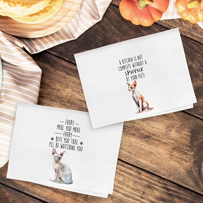 Funny Sphynx Cat Kitchen Towels, Sphynx Cat Mom Lady Lovers Gifts for Women Hand Towels, Gifts for Pet Lovers Dishcloths Dish Towel for Kitchen 16x24 Inches Set of 2
