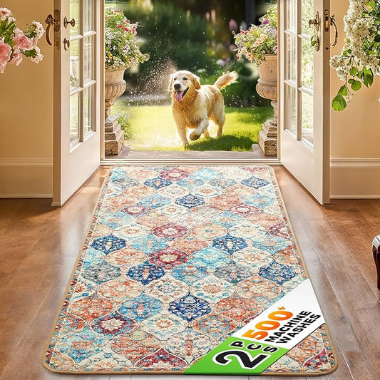 Hompet 2 Pack Super Absorbent Dog Door Mat for Muddy Paws, Washable Pee Pads for Dogs, Reusable Puppy Training Pads, Quick Dry Non-Slip Pet Entryway Rug, Leak-Proof Potty Pad for Indoor Floors 24x60