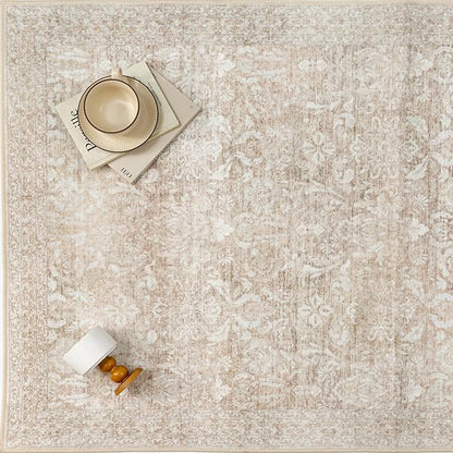2x8 Runner Rug Washable Beige Vintage Hallway Kitchen Carpet Indoor Non Slip Small Low Plie Thin Bedroom Bathroom Rug Retro Accent Throw Dining Living Room