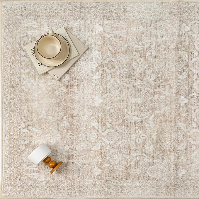 2x6 Runner Rug Washable Beige Vintage Hallway Kitchen Carpet Indoor Non Slip Small Low Plie Thin Bedroom Bathroom Rug Retro Accent Throw Dining Living Room