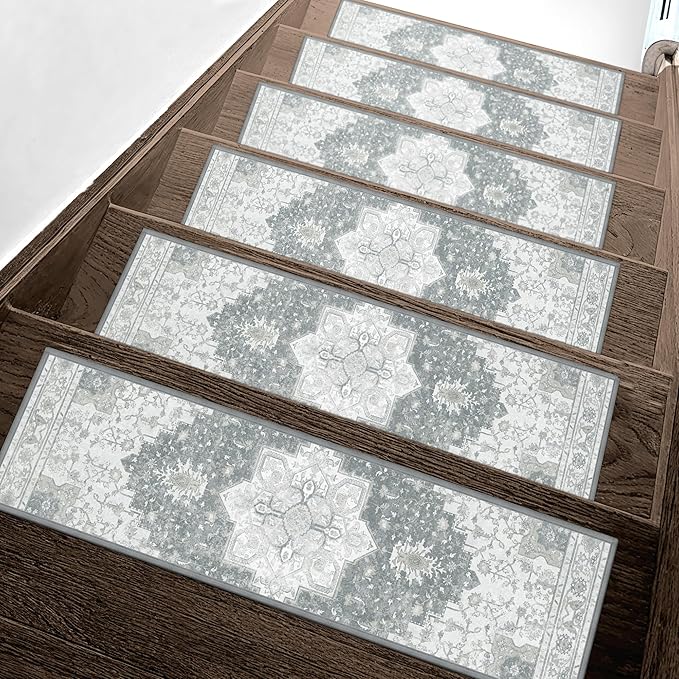 Non Slip Stair Treads for Wooden Steps 15PCS - 8"x30" Indoor Safety Carpet, Edging Mats with TPE Adhesive Backing, Pet and Elderly Friendly Stair Rugs (Grey)