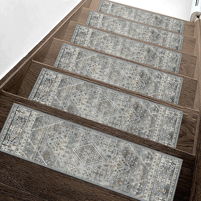 Non Slip Stair Treads for Wooden Steps 15PCS - 8"x30" Indoor Safety Carpet, Edging Mats with TPE Adhesive Backing, Pet and Elderly Friendly Stair Rugs (Charcoal&Gray)