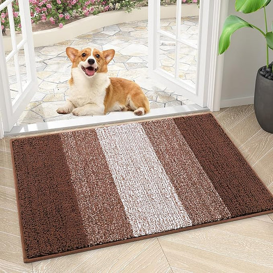 Smiry Dog Door Mat for Muddy Paws, Absorbs Moisture and Dirt, Low-Profile Entryway Mat with Non-Slip Backing, Entry Indoor Outdoor Doormat for Inside Floor (24x16 Inches, Brown, Striped)