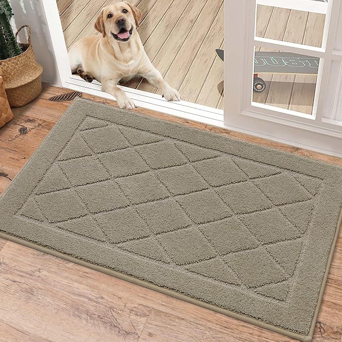 BEQHAUSE Dirt Trapper Door Mat 20" x 32", Doormat Non-Slip Entryway Rugs Washable, Dog Door Mat Stain Resistant and Absorbent Welcome Floor Mat for Front Back Door, Mud Wet Shoes & Paws, Beige