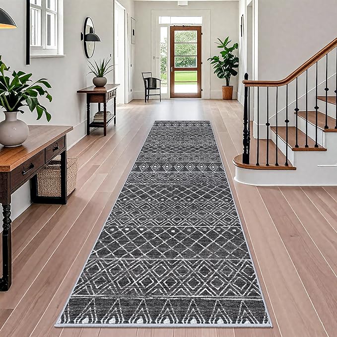 Washable 4x12 Rug for Hallway - Extra Long Runner Rug Moroccan Non Slip Pets Friendly Runner Low Pile Soft Indoor Floor Mat Front Door for Kitchen Bedroom Entryway Laundry 4x12 Black