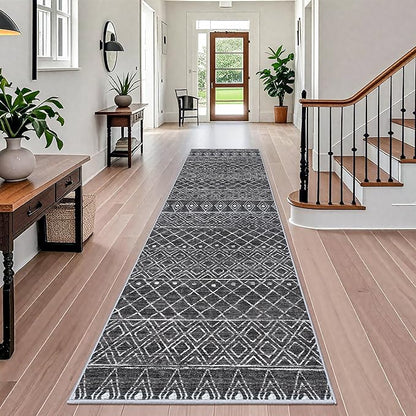 Washable 4x12 Rug for Hallway - Extra Long Runner Rug Moroccan Non Slip Pets Friendly Runner Low Pile Soft Indoor Floor Mat Front Door for Kitchen Bedroom Entryway Laundry 4x12 Black