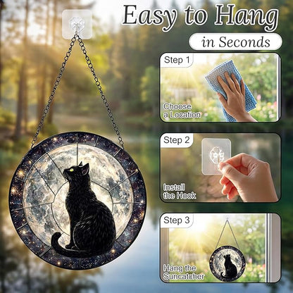Sanwarm Stained Glass Window Hanging, Black Cat Moon Galaxy Suncatcher Window Decor for Indoor Home Sun Catcher Ornament, Mother’s Day & Birthday Gift for Women, Men, Mom & Nana, 7.8 in