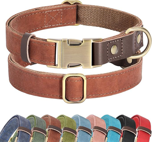 Didog Soft PU Leather Dog Collar for Large Dogs,Classic Adjustable Dog Collars with Quick Release Metal Buckle,Easy Clean and Comfortable with Nylon Lining,Reddish Brown,L Neck 16-23"