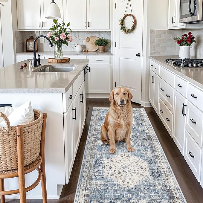 RUUGME Washable Kitchen Runner Rug 3x8 - Non Slip Stain Resistant Hallway Bedroom Rugs Ultra Thin Vintage Distressed Rug for Living Room Bedroom Laundry Room Home Decoration Mat 3x8 Aqua Blue