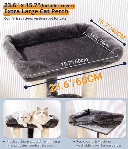 Happi N Pets 28" Cat Tree Tower, Tall Cat Scratching Post with Soft Perch for Window Viewing, Large Bed for Big Cats, Stable & Compact Cat Tower with Hammock, Removable Cover-Gray
