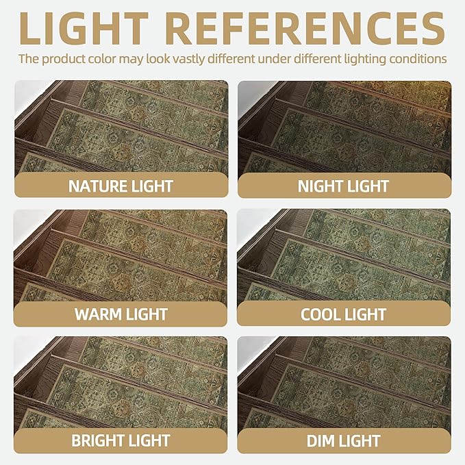 Non Slip Stair Treads for Wooden Steps 15PCS - 8"x30" Indoor Safety Carpet, Edging Mats with TPE Adhesive Backing, Pet and Elderly Friendly Stair Rugs (Olive/Brown)