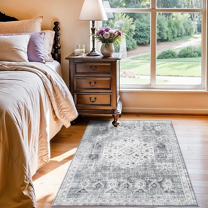 RUUGME 3x4 Washable Area Rug: Indoor Soft Low Pile Carpet for Kitchen Entryway Bedroom Non Slip Stain Resistant Rugs for Laundry Bathroom Vintgae Distressed Home Decor Floor Mat 3x4 Grey