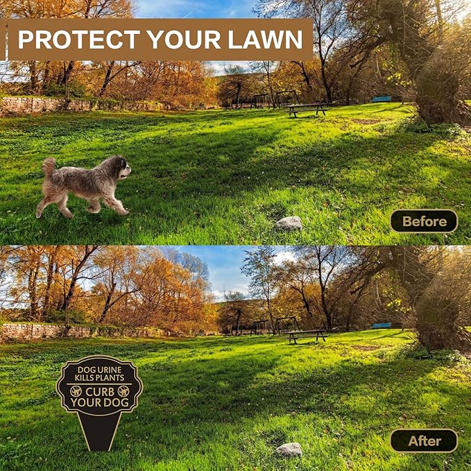 Double Sided Yard Sign 2PACK, Dog Urine Kills Plants, Curb Your Pet Lawn Marker, 14”x10” No Peeing & No Pooping Yard Stake with Integrated Mount, Outdoor Use (2PACK-Dog Urine Kills Plants)