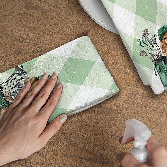 Golf Dog Kitchen Towels - Golden Retriever Cocker Spaniel Dish Towels, Sports Gifts, Pet Golf Club Decorative Absorbent Dishcloths Hand Towels Set of 2 for Spa Kitchen Gym Decor 16x24 Inches