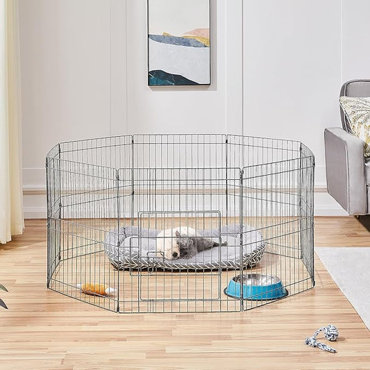 Yaheetech 24" High 8 Panel Foldable Metal Dog Exercise Pen Pet Playpen Dog Fence Outdoor & Indoor Use for Small Animals with Door Black
