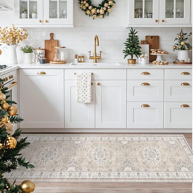 Hallway Washable Runner Rug - 2x7 Kitchen Rugs Entryway Rug Runner Vintage Soft Floor Mat Non Slip Indoor Farmhouse Carpet for Bathroom Living Room Bedroom (2 X 7, Beige)