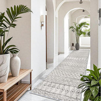 Washable 4x12 Rug for Hallway - Extra Long Runner Rug Moroccan Non Slip Pets Friendly Runner Low Pile Soft Indoor Floor Mat Front Door for Kitchen Bedroom Entryway Laundry 4x12 Geo Grey