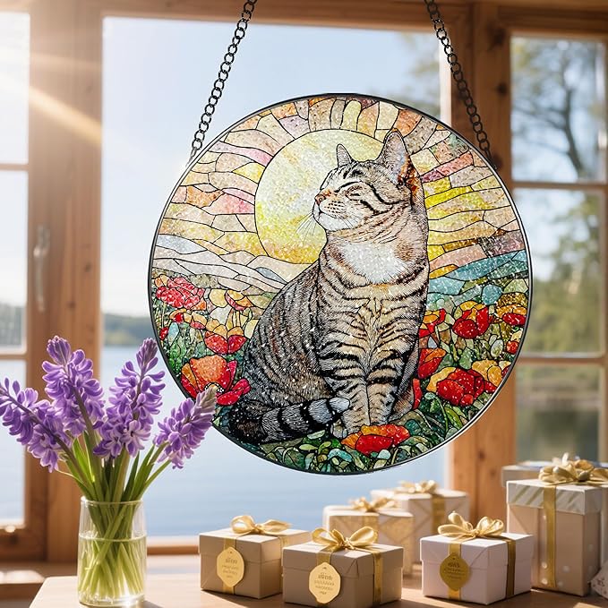 Stained Glass Window Hanging, 8 Inch Cat Stained Glass Ornament, Suncatchers for Windows Hanging, Suncatcher Decorations for Windows, Window Decor, Gifts for Cat Lovers