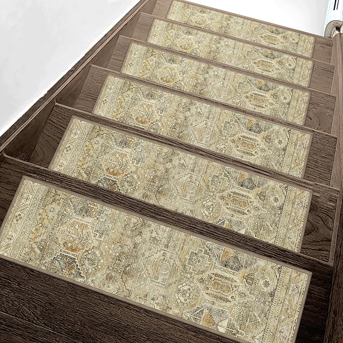 Carpet Stair Treads Non Slip 15PCS, 8" X 30" Edging Stair Runner for Wooden Steps Indoor, Resistant Stair Rugs with Reusable TPE Adhesive Backing, Residue Mat for Elders, Pets, Tawny/Ivory