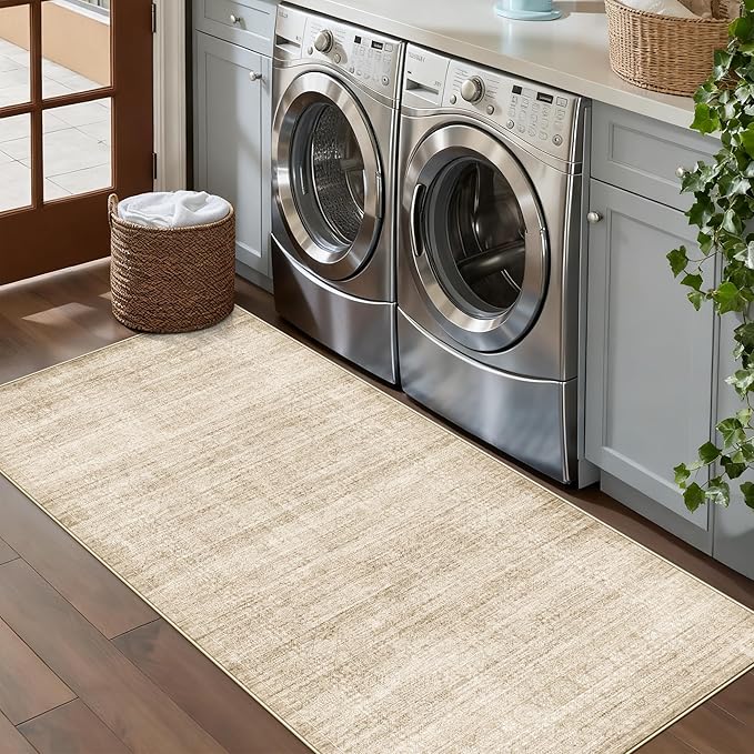 Washable 3x6 Entryway Area Rugs: Abstract Water-Resistant Kitchen Rug Low Pile Soft Beside Carpet for Bedroom Nursery Anti-Slip Bathroom Runner Rug Distressed Hallway Floor Mat(3x6,Neutral/Beige)