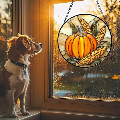 Stained Glass Window Hanging Autumn Harvest Pumpkin Corn 7.8" - Suncatcher Door Garden Kitchen Sunroom Sun Catcher Fall Home Decor Birthday for Mom Grandma Men Woman