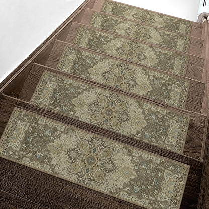 Non Slip Stair Treads for Wooden Steps 15PCS - 8"x30" Indoor Safety Carpet, Edging Mats with TPE Adhesive Backing, Pet and Elderly Friendly Stair Rugs (Sage)