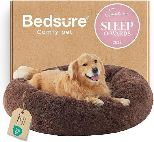 Bedsure Calming Dog Bed for Extra Large Dogs - Donut Washable Large Pet Bed, Anti-Slip Round Fluffy Plush Faux Fur Dog Bed, Fits up to 120 lbs Pets, Coffee, 45 inches