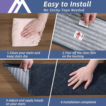 COSY HOMEER Edging Stair Treads Non-Slip Carpet Mat 28inX9in Indoor Stair Runners for Wooden Steps, Edging Stair Rugs for Kids and Dogs, 100% Polyester TPE Backing (4pc, Navy)