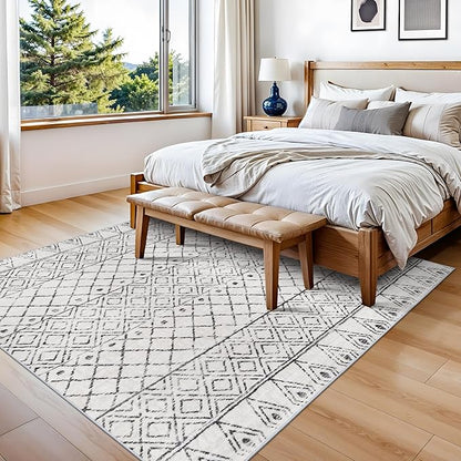 Square 6x6 Area Rug Moroccan: Machine Washable Non Slip Large Carpet - Low Pile Boho Floor Mat for Living Room Bedroom Game Room - Soft Non-Shedding Rugs for Home Office Decor 6x6 Geo Grey