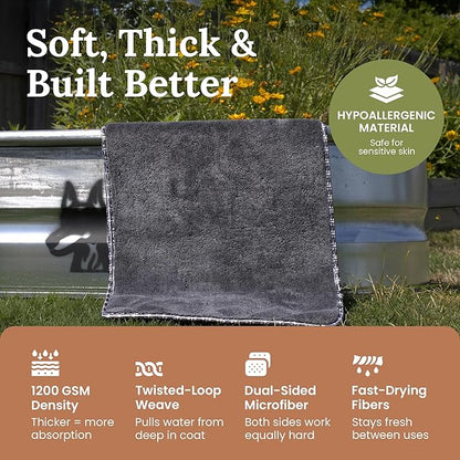 Premium Drying Towel – Small 16" x 24" Super Absorbent Microfiber Dog Bath Towel – Quick Dry, Soft & Durable Dog Towel for Drying Dogs – 1200 GSM Gray for Beach, Camping & Travel