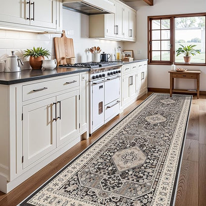 Kitchen Runner Rug 4x12 Washable - Wide Vintage Hallway Entryway Rugs with Non Slip Backing Indoor Stain Resistant Thin Carpet for Living Room Bedroom Ultra Soft Home Decor Floor Mat 4'x12' Black