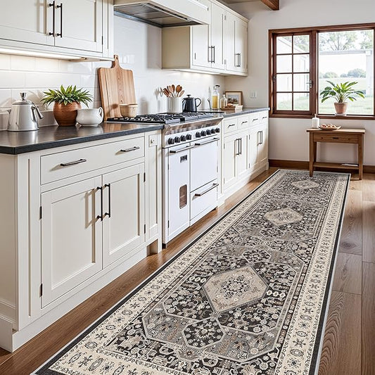 Kitchen Runner Rug 4x12 Washable - Wide Vintage Hallway Entryway Rugs with Non Slip Backing Indoor Stain Resistant Thin Carpet for Living Room Bedroom Ultra Soft Home Decor Floor Mat 4'x12' Black