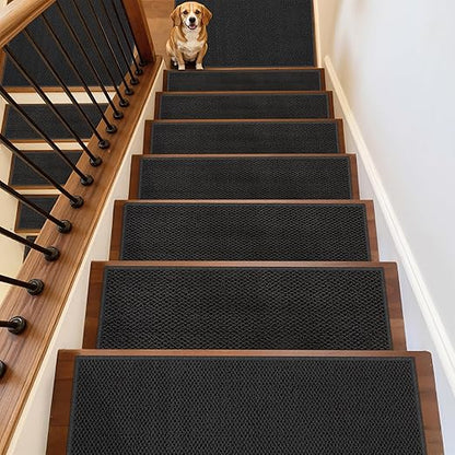 Stair Treads for Wooden Steps Indoor - 10 Pack 8" x 30" Non-Slip Carpet Stair Runners Washable Reusable Adhesive Indoor Stairs Tread Rug Stain Resistant Edging Staircase Mat for Kids and Pets Black