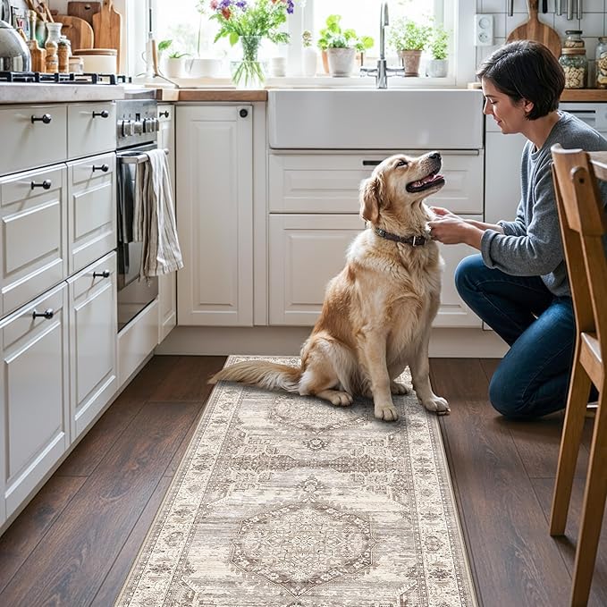 Hallway 2x5 Washable Runner Rug: Oriental Stain Resistant Entryway Kitchen Rug Farmhouse Soft Carpet for Bathroom Bedroom Thin Laundry Room Floor Mat with Non Slip Backing for Pets Family(2x5,Beige)