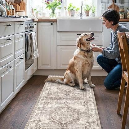 Hallway 2x5 Washable Runner Rug: Oriental Stain Resistant Entryway Kitchen Rug Farmhouse Soft Carpet for Bathroom Bedroom Thin Laundry Room Floor Mat with Non Slip Backing for Pets Family(2x5,Beige)