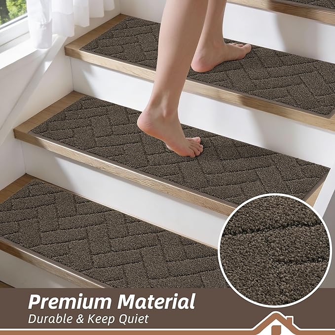 BEQHAUSE Edging Stair Treads for Wooden Steps 9" x 28", Non Slip Carpet Stair Treads Indoor Stair Runners, Soft Stair Rugs, Machine Washable, 100% Polyester, TPE Backing, 4pcs, Brown