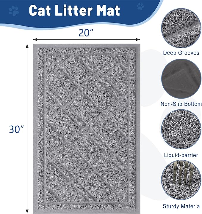 Smiry Cat Litter Box Mat 30x20, Non-Slip Water Resistant Litter Trapping Mat, Easy Clean Less Waste and Urine-Locking Cat Carpet for Indoor, Grey