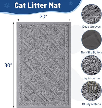 Smiry Cat Litter Box Mat 30x20, Non-Slip Water Resistant Litter Trapping Mat, Easy Clean Less Waste and Urine-Locking Cat Carpet for Indoor, Grey