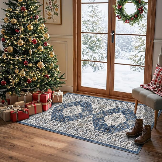 2x4 Non-Slip Entryway Area Rugs: Washable Stain Resistant Kitchen Carpet Printed Doormat Soft Low Pile Nursery Rug Vintage Small Floor Mat for Hardwood Bedroom Cozy Home Decor fot Family(2x4,Blue)