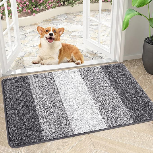 Smiry Dog Door Mat for Muddy Paws, Absorbs Moisture and Dirt, Low-Profile Entryway Mat with Non-Slip Backing, Entry Indoor Outdoor Doormat for Inside Floor (30x17 Inches, Light Grey, Striped)
