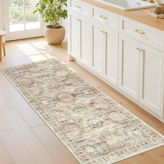2x5 Rug Runner Washable for Entryway, Soft Bathroom Rugs with Non-Slip Backing, Abstract Low Pile Hallway Runner, Vintage Small Kitchen Carpet for Stair, Laundry Room(2'x5', Brown/Pink)