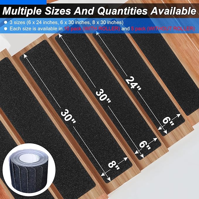 Outdoor Stair Treads Non-Slip Step Strips for Wooden Steps 5 Pack 6” x 24” Anti Slip Grip Tape Precut for Outside Stairs, Non Skid Stair Tread Mats Weather Resistant for Outdoors, Black