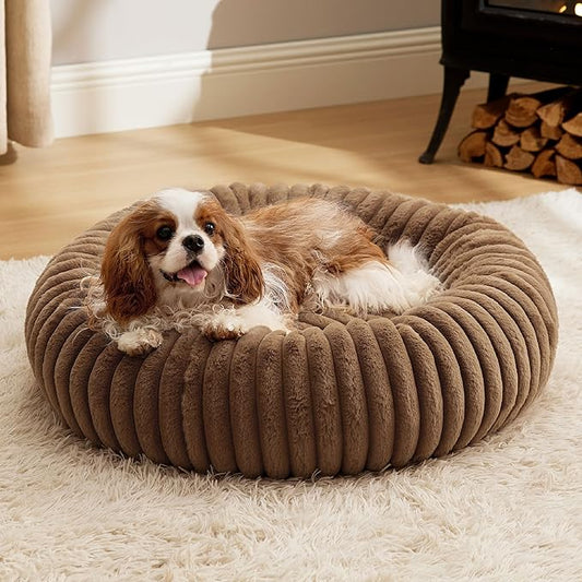 Bedsure ComfyFleece™ Donut Medium Dog Bed - Washable Faux Fur with Corduroy Fleece & Anti Slip Bottom, Round Pet Bed with Removable Cover, Camel Brown, 30x30x8 inches