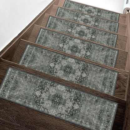Non Slip Stair Treads for Wooden Steps 15PCS - 8"x30" Indoor Safety Carpet, Edging Mats with TPE Adhesive Backing, Pet and Elderly Friendly Stair Rugs (Charcoal Gray)