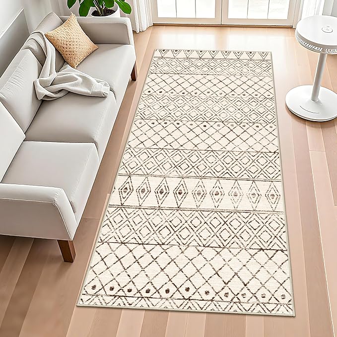 4x8 Rug Runner Machine Washable: Moroccan Hallway Runners - Non Slip Low Pile Soft Pets Friendly Rugs - Indoor Carpet for Kitchen Bedroom Entryway Laundry 4x8 Geo Beige