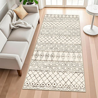 4x8 Rug Runner Machine Washable: Moroccan Hallway Runners - Non Slip Low Pile Soft Pets Friendly Rugs - Indoor Carpet for Kitchen Bedroom Entryway Laundry 4x8 Geo Beige
