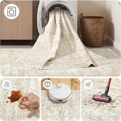 3x20 Washable Runner Rug for Hallway, Non-Slip Long Hallway Runner for Entryway, Soft Vintage Kitchen Mats for Floor, Abstract Dining Room, Bedroom, Living Room Rugs(3'x20', Beige/Ivory)