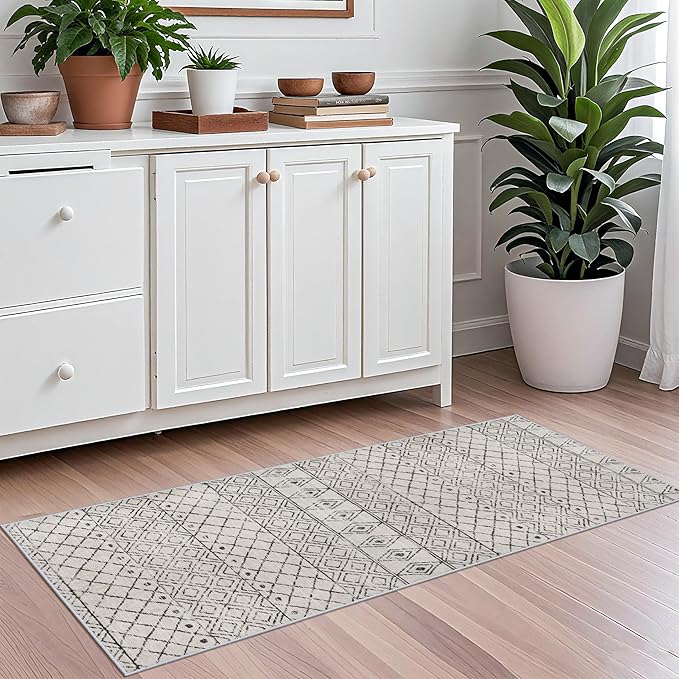 2x5 Rug Runner Moroccan - Washable Hallway Runner Rug Non Slip Pets Friendly Runner Low Pile Soft Indoor Floor Mat Front Door for Kitchen Bedroom Entryway Laundry 2x5 Geo Grey